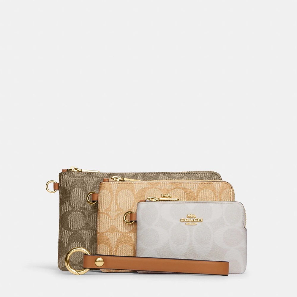 Holiday Gifts 🎁! NWT COACH Corner Zip Trio In Signature Canvas Multi Khaki/ Gold